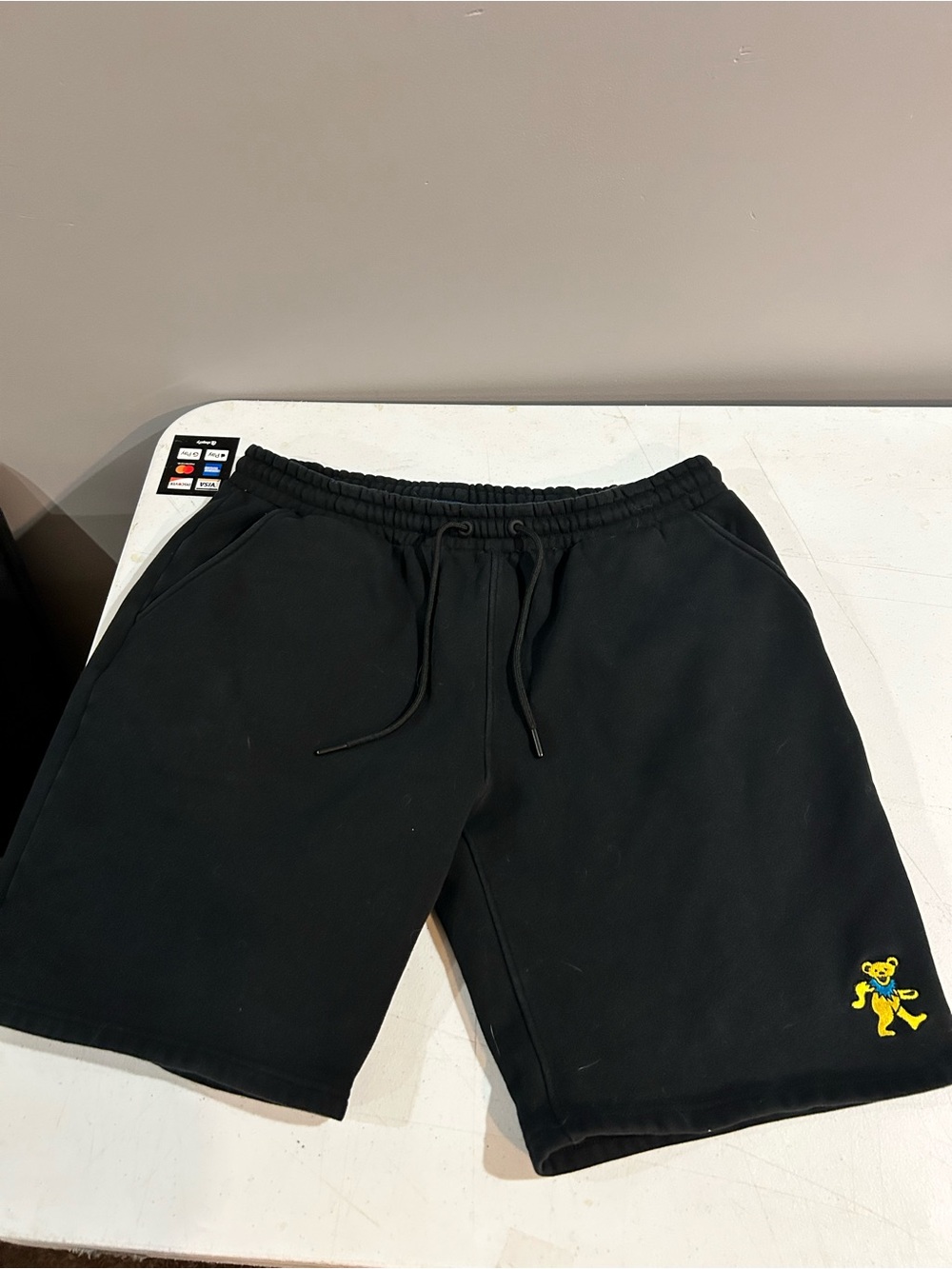 Men's Black Athletic Drawstring Shorts with Yellow Grateful Dead bear